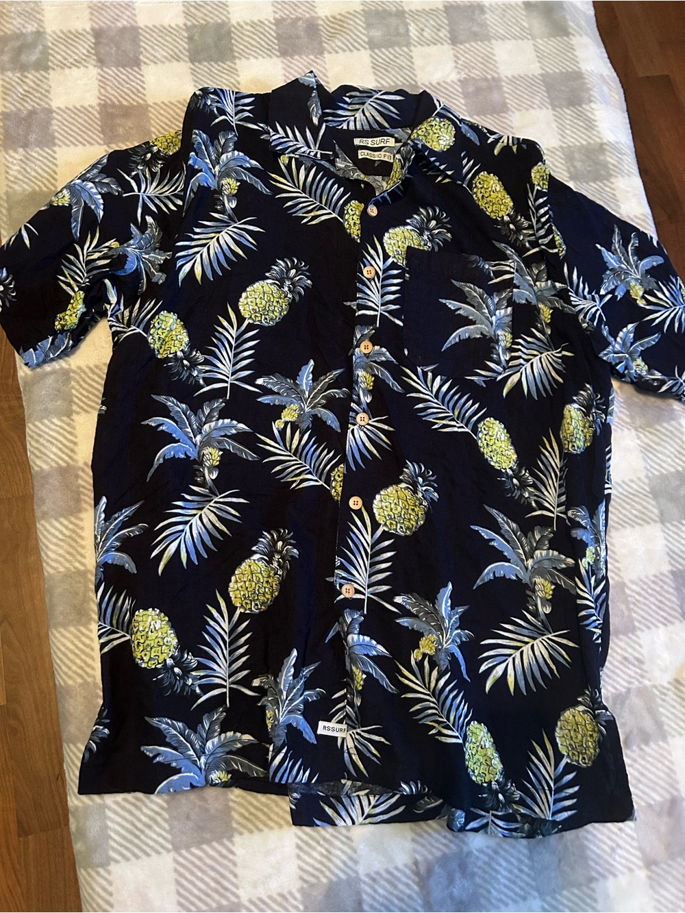 Men's RS Surf Short-Sleeve Pineapple Print Button-Down Shirt - Navy size XL